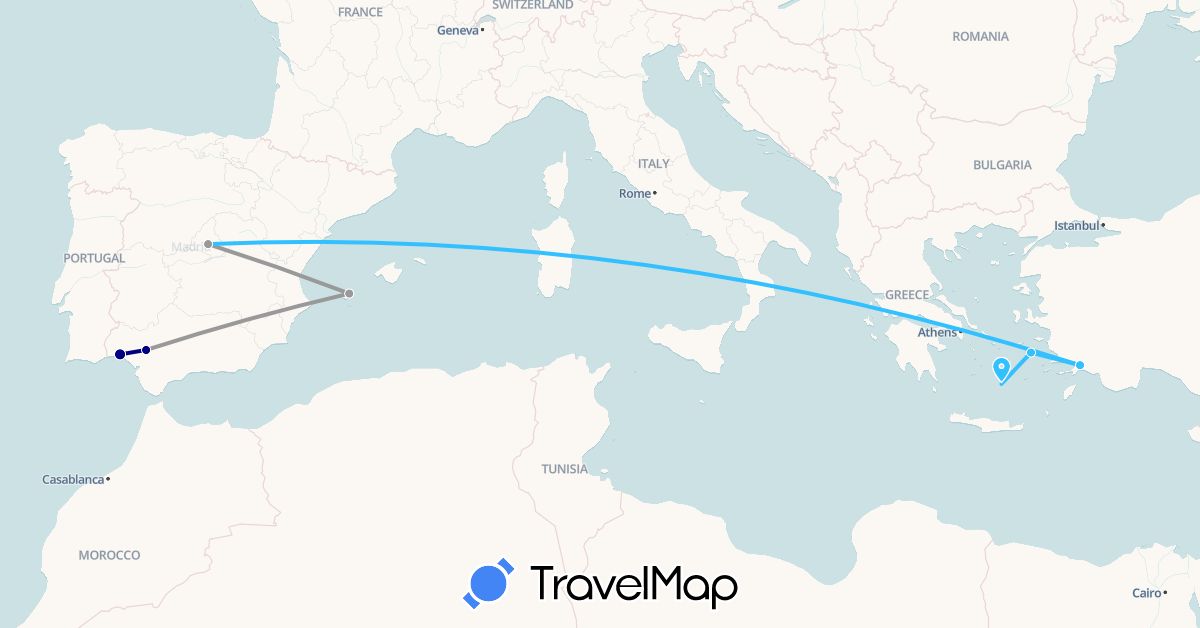 TravelMap itinerary: driving, plane, boat in Spain, Greece, Turkey (Asia, Europe)